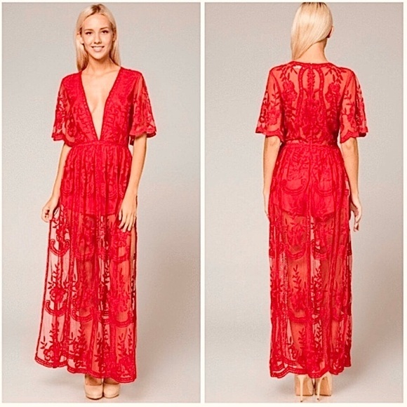 Honey Punch Lace Maxi Dress Romper - Picture 1 of 16